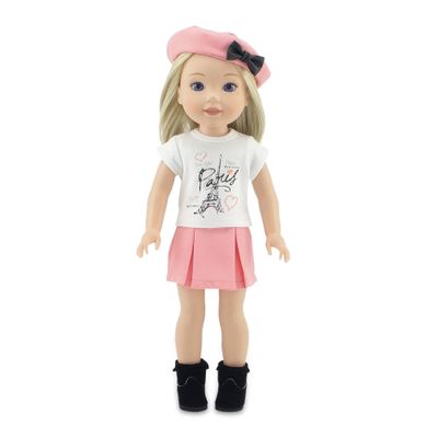 Emily Rose 14" Doll Parisian Outfit 5-PC - Pink Skirt, Paris Tee, Beret & Boots | Glitter Girls and Wellie Wishers Compatible | Gift Boxed | USA Brand