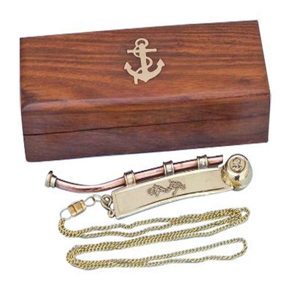 Hampton Nautical Solid Brass/Copper Boatswain (Bosun) Whistle with Rosewood Box, 6", Brass