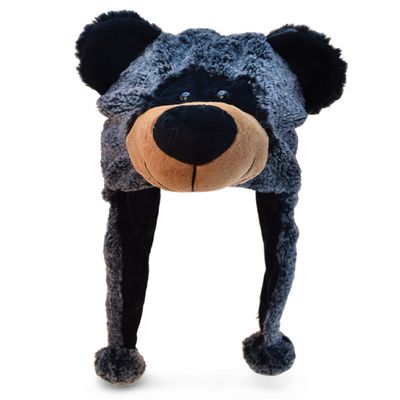 Puzzled DolliBu Super Soft Black Bear Plush Hat - Fluffy Stuffed Animal Bear Halloween or Cosplay Costume Toy Hat with Ear Flaps For Kids and Teens - One Size