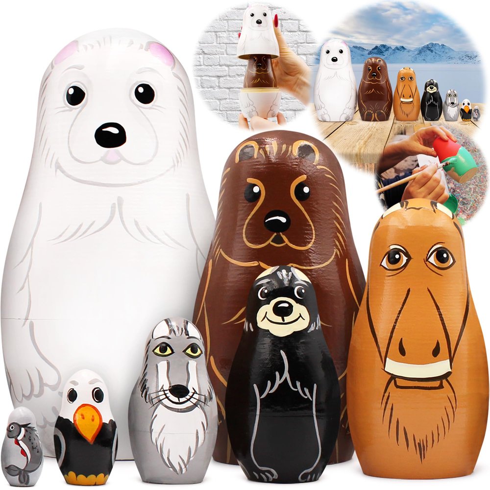 Matryoshka Dolls Northern Animals Alaska Set 7 pcs Wooden Figurines - Russian Nesting Dolls - Matryoshka Nesting Dolls