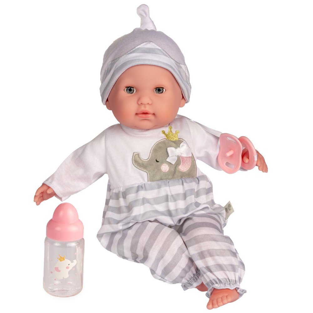 15" Realistic Soft Body Baby Doll with Open/Close Eyes | JC Toys - Berenguer Boutique | Bottle & Pacifier | Grey | Ages 2+