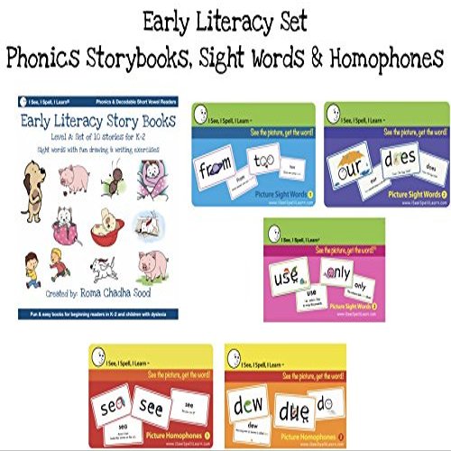 I See, I Spell, I Learn Early Childhood Literacy Set (K-2) - 10 Phonics Storybooks, 3 Picture Sight Words Sets & 2 Picture Homophones Sets