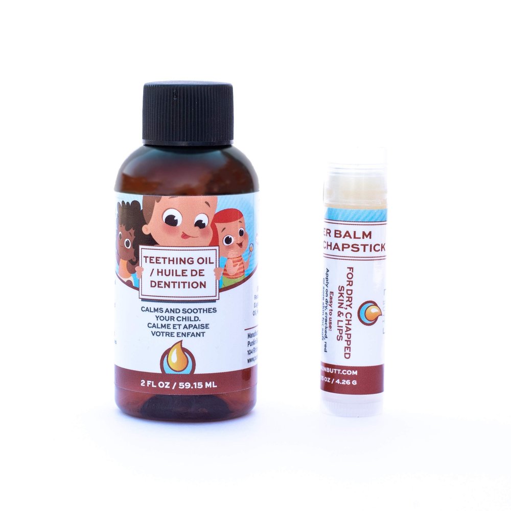 Punkin Butt Baby Teething Oil and Weather Lip Balm Bundle for Sore Gum Relief and Chapped Lips | All Natural, Organic, Safe for Infants, Chemical-Free | 2 Oz Oil