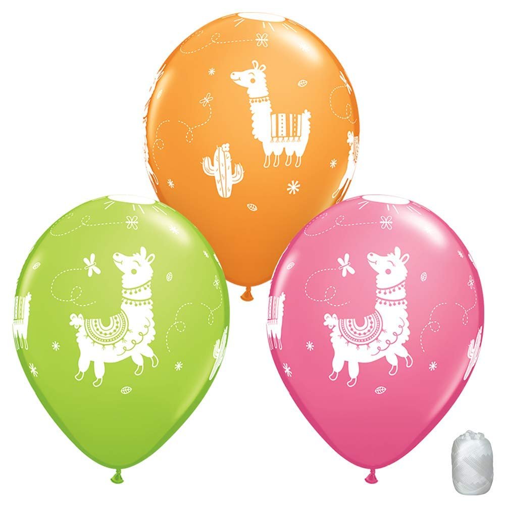 10 Pack 11" Llamas Assorted Pastel Latex Balloons with Matching Ribbons