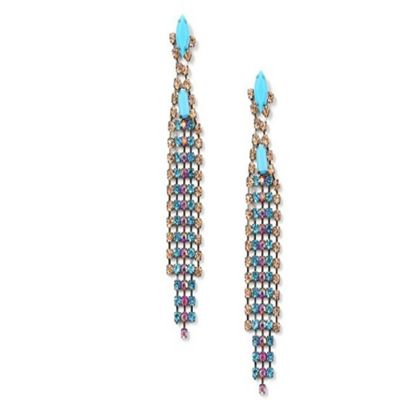 Drop Earrings With Turquoise Stone and Multi-colored Rhinestone Chain Chandelier