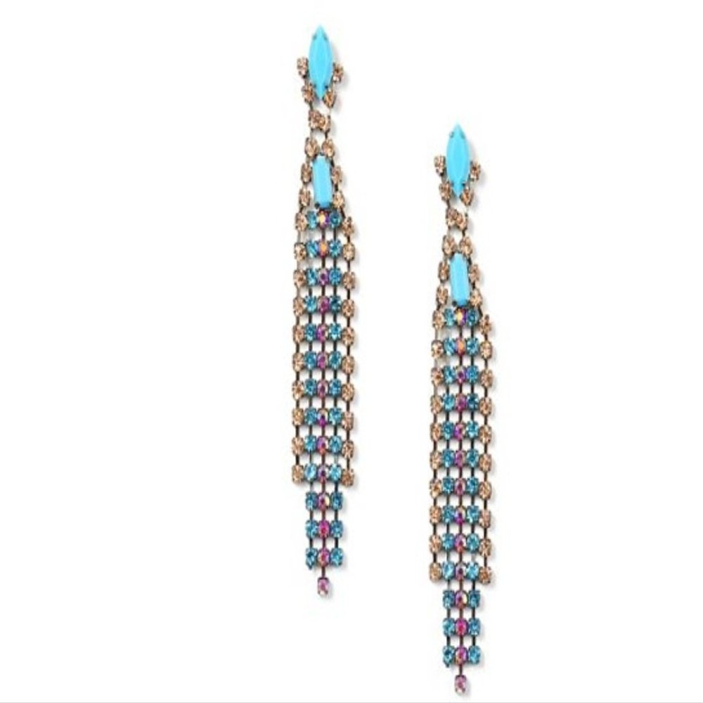 Drop Earrings With Turquoise Stone and Multi-colored Rhinestone Chain Chandelier