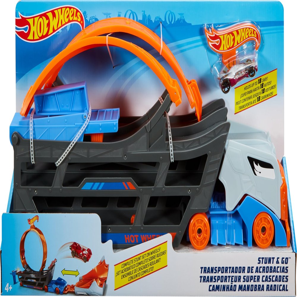 Hot Wheels Transporter Truck Mobile Playset Large Loop Collapsible Launcher Room for 18 Die-Cast 1:16 Vehicles Ages 3 and Up