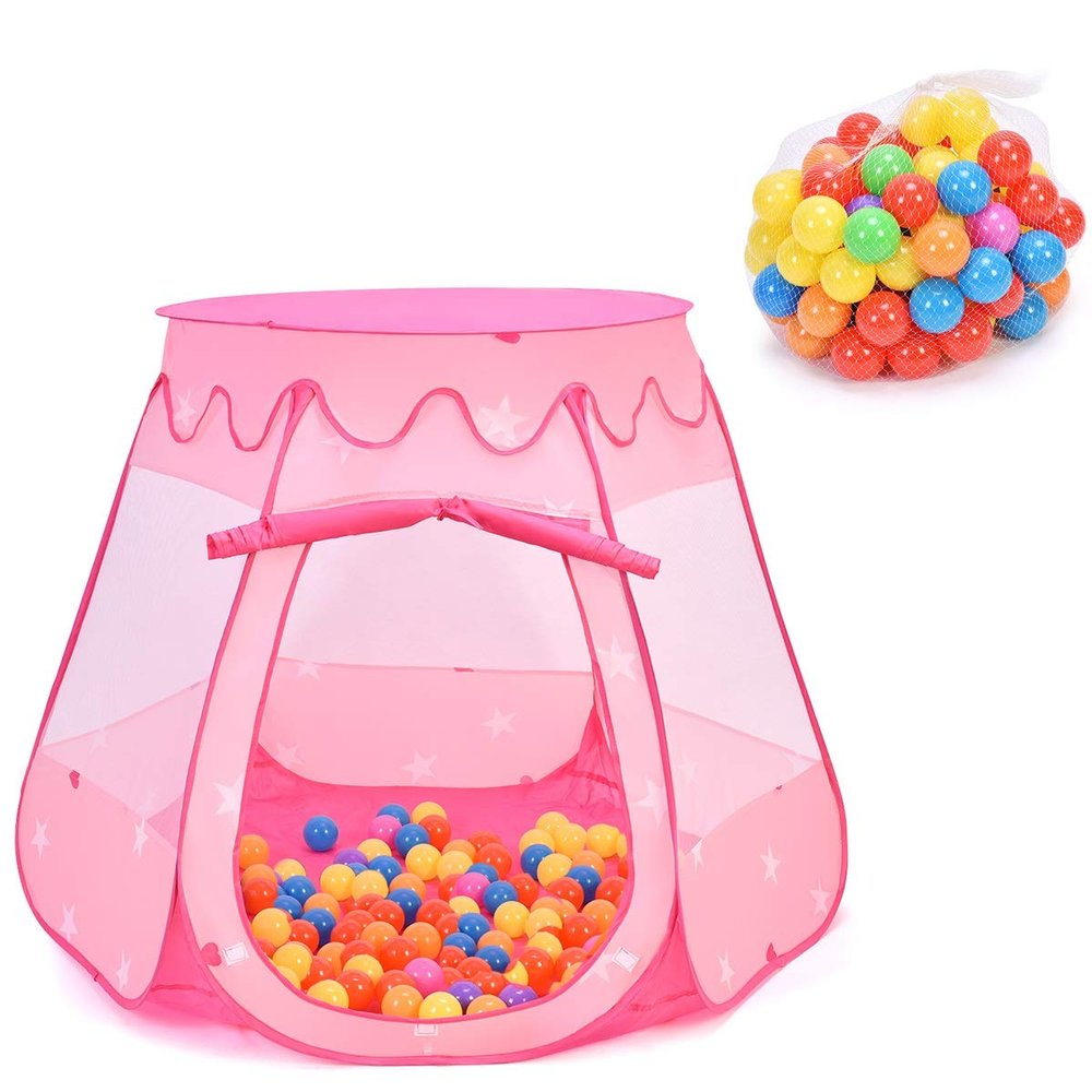 Costzon Princess Pop Up Tent w/ 100 Balls Included, Foldable Portable Children Play Tent with Carrying Bag, Indoor Outdoor Use, Playhouse Ball Pit for Toddlers Girls Boys Gift