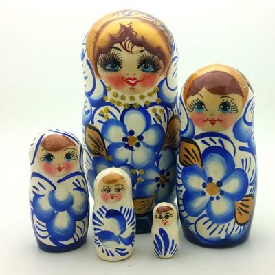 BuyRussianGifts Authentic Russian Nesting Doll Hand Painted 5 Piece Wooden Doll Set 5 inch Tall Blue Gold Color