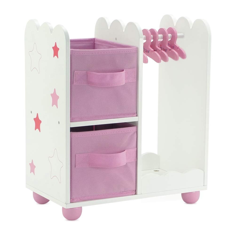 Emily Rose 14 Inch Doll Furniture - Open Wardrobe Closet with Hangers & Storage Bins - Wooden Organizer for Wellie Wishers, Glitter Girls & 14 Dolls