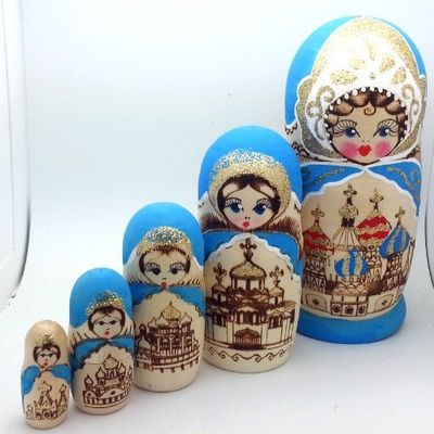 BuyRussianGifts Russian Church in Blue Wood Burned Hand Carved Hand Painted Nesting 5 Piece Doll Set / 7" Tall