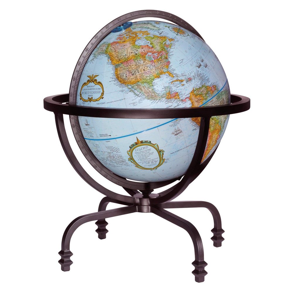 Auburn 12" Diameter Globe, USA Cartography with with Mountain Relief, Solid Wrought Iron Stand and Blue Ocean Globe Ball. The Auburn is the perfect combination of contemporary design and solid, bold craftsmanship. Handcrafted from durable wrought iro