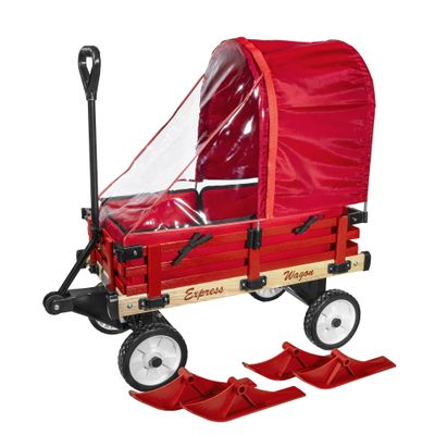 Millside Industries All Season Convertible Wood Wagon Cart with Flat-Free Tires, Sleigh Runners, Side Pads and Half Canopy with Plastic Cover Shield, Red, 16" x 34"