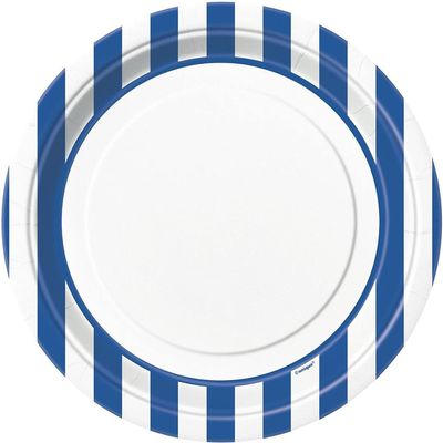 Stripes Round Dinner Paper Plates - 9" | Royal Blue | 8 Pcs