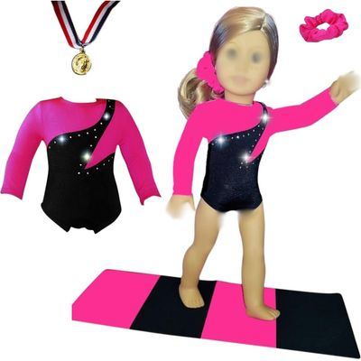 Sparkling Success: 2026 American Doll Girl Pink Gymnastics Clothes Set with Leotard, Mat, Olympic Medal and Hair Accessory. 4 PCS in All! Doll Not Included