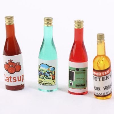 Set of 16 Miniature Plastic Condiment and Drink Bottles for Dollhouses, Crafting and Embellishing