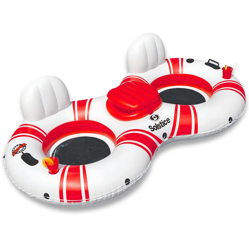SOLSTICE Inflatable Tube Float Heavy-Duty Material with Grab Handles for Pool, Lake & River Compact with Backrest, Mesh Base, Cupholders & Rope 2-Person, White & Red, 89" Super Chill