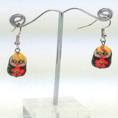 Matryoshka RUSSIAN Hand Painted Earrings Black with Red Flowers Nesting Dolls Shape