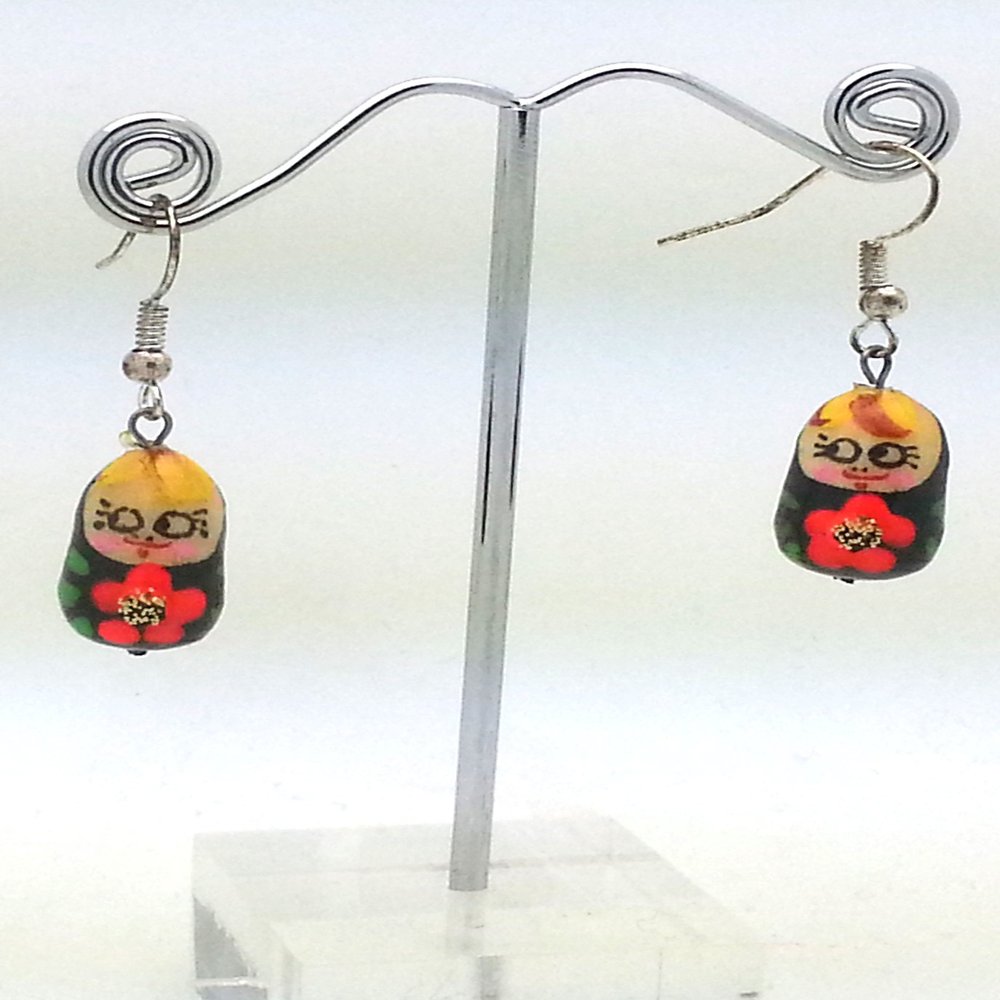 Matryoshka RUSSIAN Hand Painted Earrings Black with Red Flowers Nesting Dolls Shape