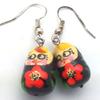 Matryoshka RUSSIAN Hand Painted Earrings Black with Red Flowers Nesting Dolls Shape view 2