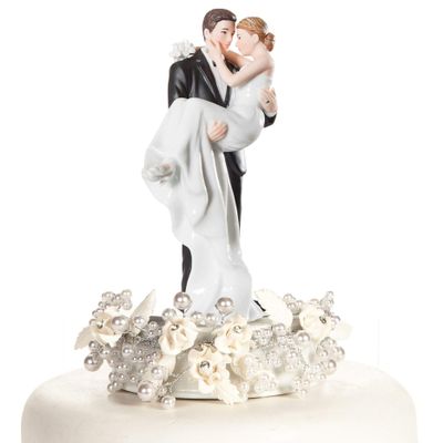 Vintage Rose Pearl Groom Holding the Bride Wedding Cake Topper
