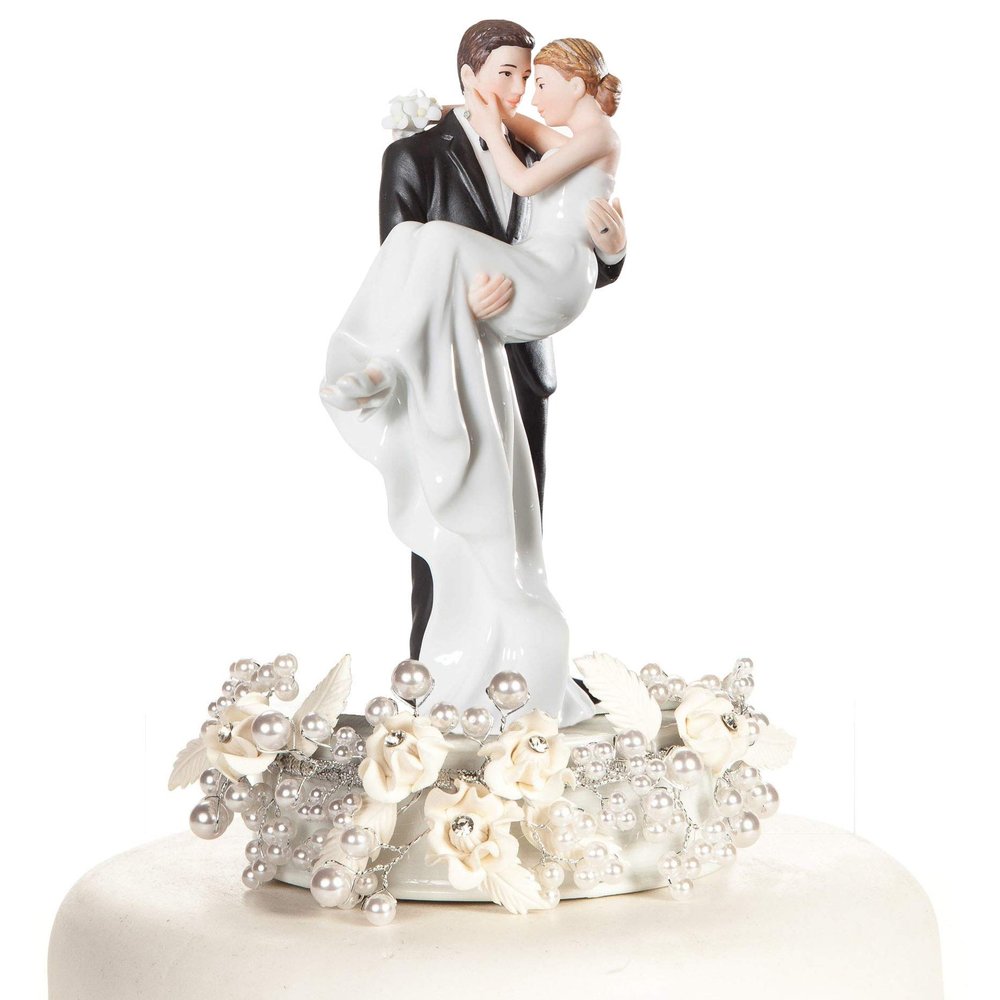 Vintage Rose Pearl Groom Holding the Bride Wedding Cake Topper