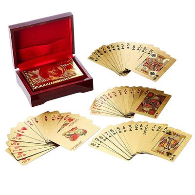 KUJOBUY Deck of Poker Card in 999.9 Gold Foil Dollars Plating with Certificate and Mahogany Box Bridge Size Deck of Card Friends Playing Gold 54 Cards Bulk Holder Coolest Prestige Set of Cards