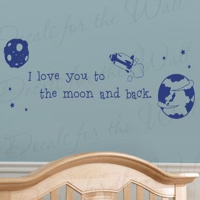 I Love You to The Moon and Back - Kids Boy Baby Room Nursery Rhyme Rocket Ship Planets Stars Sky - Wall Decal Lettering Art - Vinyl Quote Sticker Decoration - Mural Graphic Decor Saying