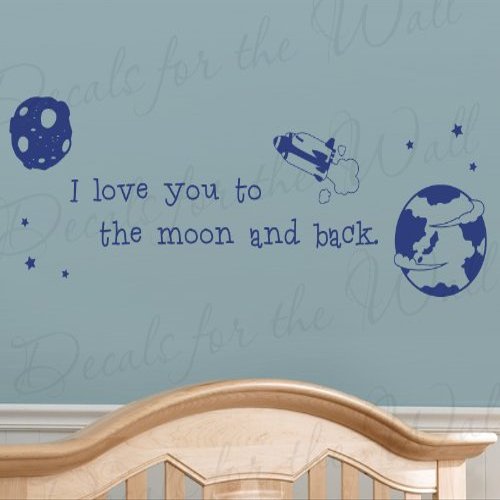 I Love You to The Moon and Back - Kids Boy Baby Room Nursery Rhyme Rocket Ship Planets Stars Sky - Wall Decal Lettering Art - Vinyl Quote Sticker Decoration - Mural Graphic Decor Saying