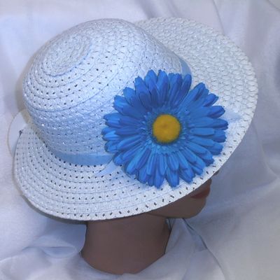 Blue Easter Hat Woven Spring Hat W/Daisy Flower Tea Party or Dress Up