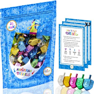 The Dreidel Company Hanukkah Metallic Multi-Colored Draydels with English Translation, Spinning Tops Includes Game Instruction Card (25-Pack)