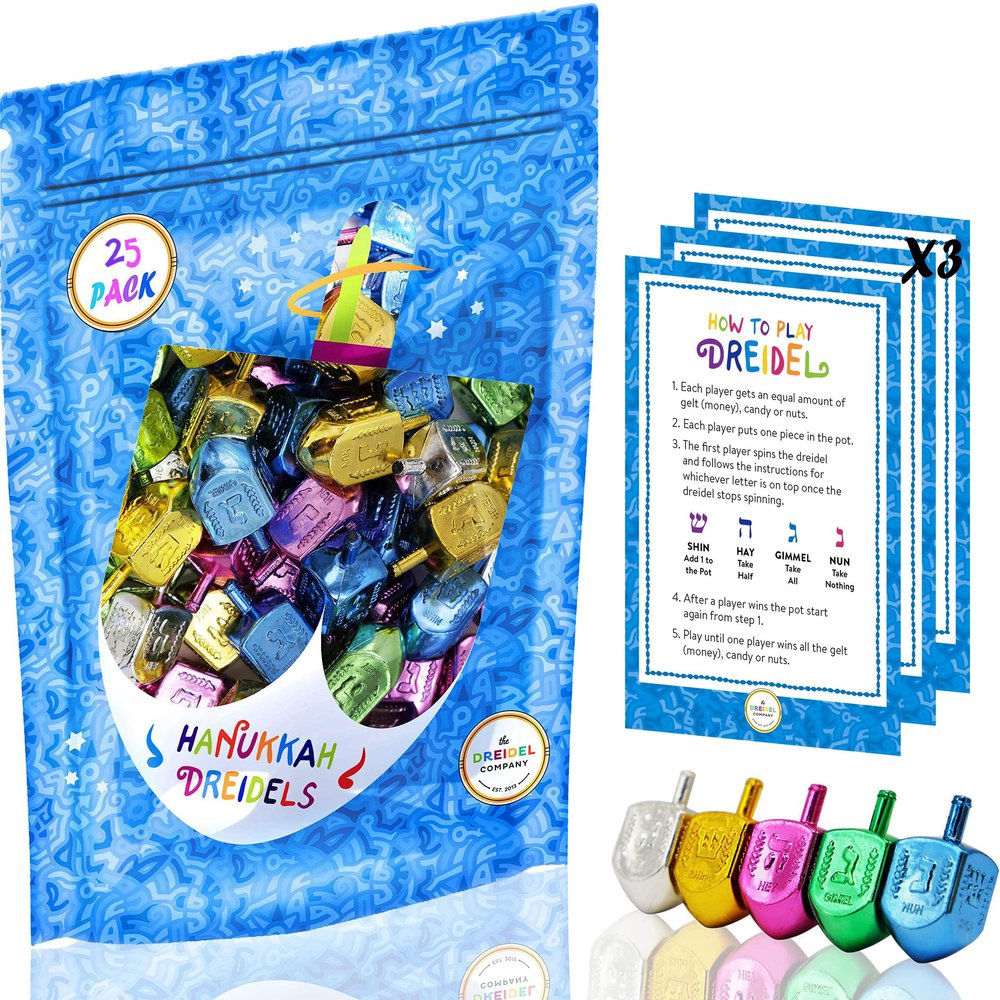 The Dreidel Company Hanukkah Metallic Multi-Colored Draydels with English Translation, Spinning Tops Includes Game Instruction Card (25-Pack)