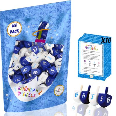 The Dreidel Company 100 Solid Blue & White Hand Painted Wooden Hanukkah Dreidels with English Transliteration - Includes Detailed 3 Game Instruction Cards- (100-Pack)