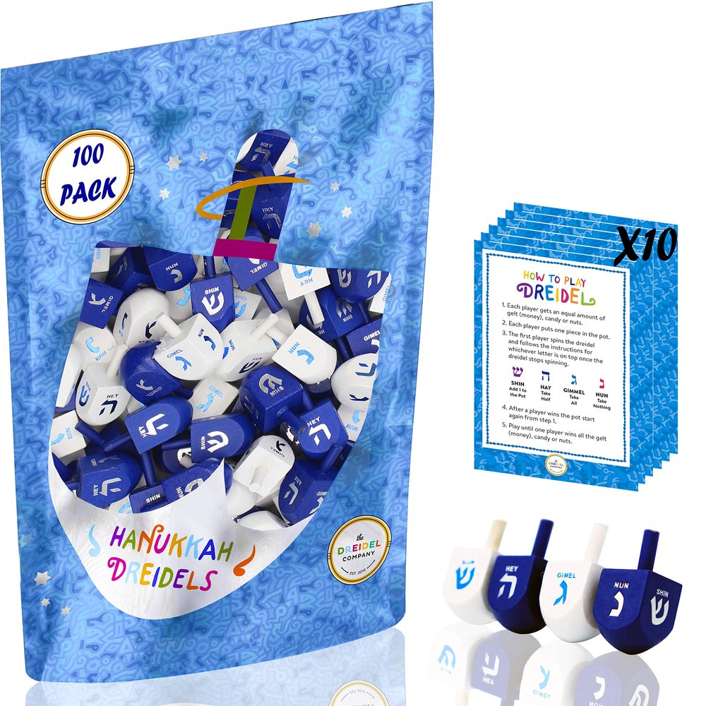 The Dreidel Company 100 Solid Blue & White Hand Painted Wooden Hanukkah Dreidels with English Transliteration - Includes Detailed 3 Game Instruction Cards- (100-Pack)