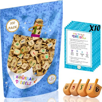 100 Natural Wood Dreidels Hanukkah Draydel with English Transliteration & 10 Instruction Cards