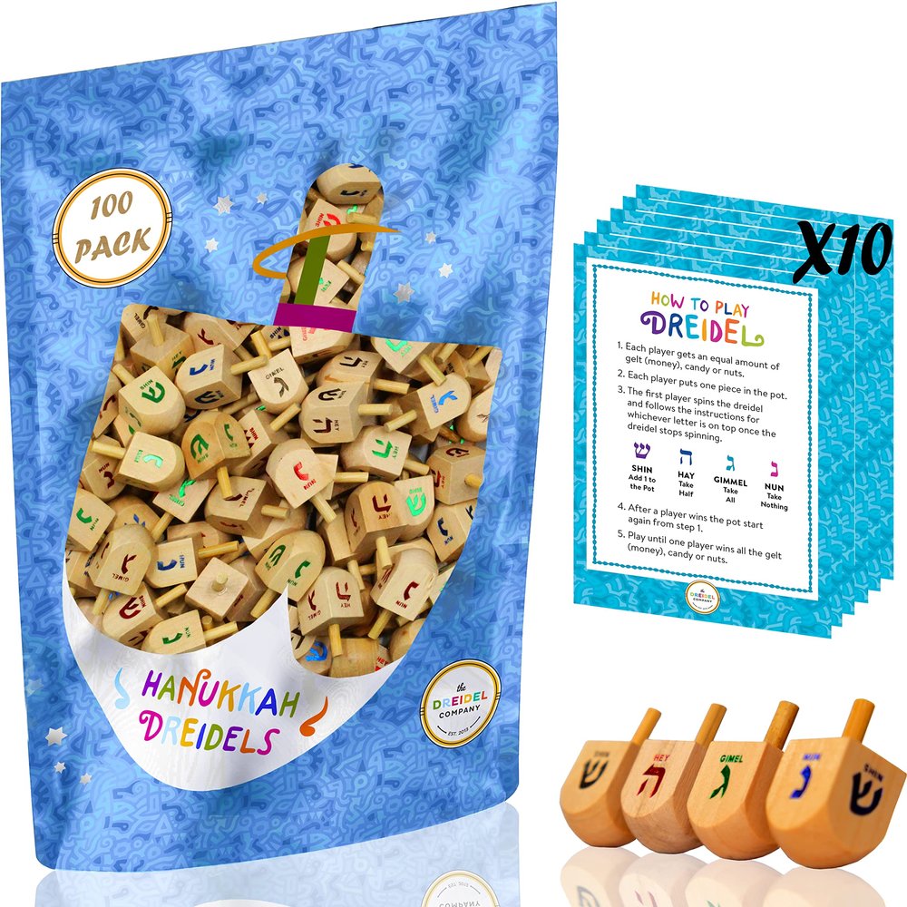 100 Natural Wood Dreidels Hanukkah Draydel with English Transliteration & 10 Instruction Cards