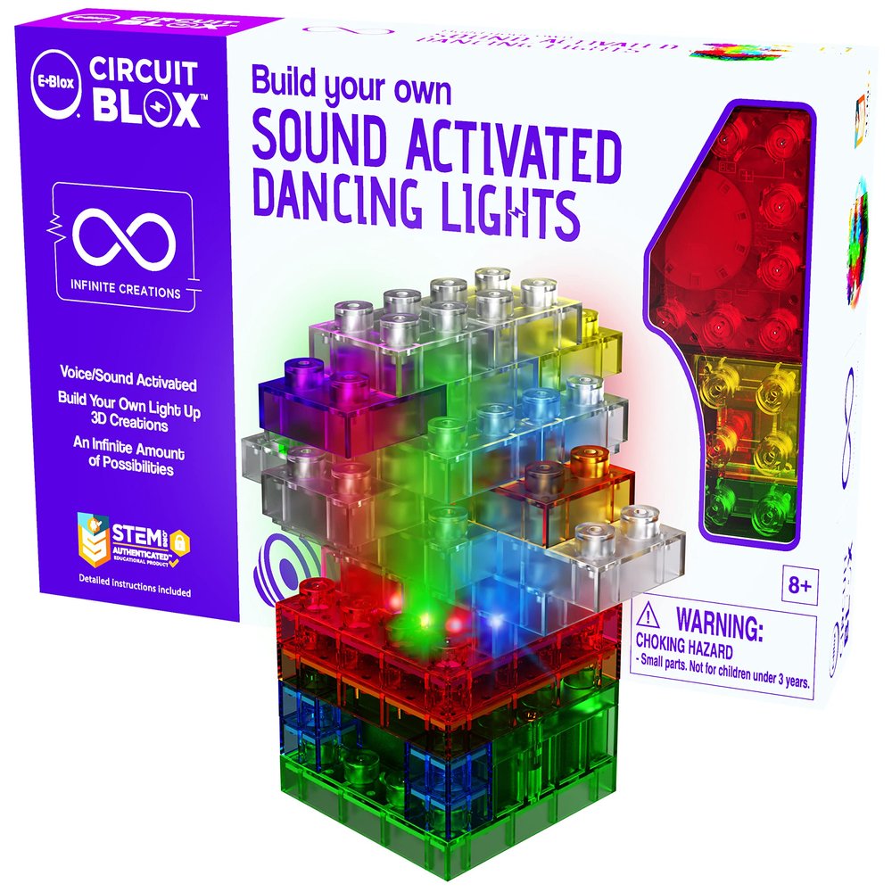 E-BLOX Build Your Own Sound Activated Dancing Lights STEM Kit, Reacts to Voice & Dances to Music, Building Blocks Circuit Toy Set for Kids, Birthday Gift, Boys, Girls, 5+