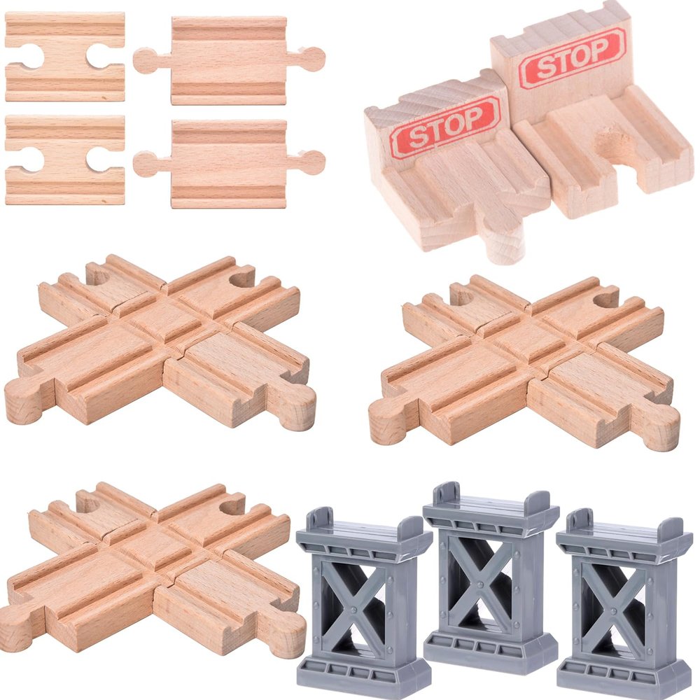 Ioffersuper 12 pcs Wooden Train Track Set, Male-Male Female-Female Bump Tracks, Bridge Pier Track(Random Colour),Cross Tracks and Stop Track Compatible with All Major Brands (Mix)