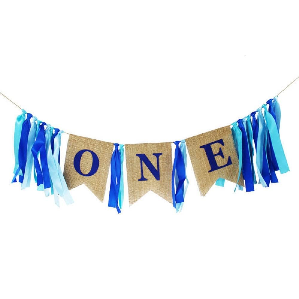 1st Birthday Decorations for Baby Boy - Blue Burlap Highchair Banner & First Birthday Party Supplies