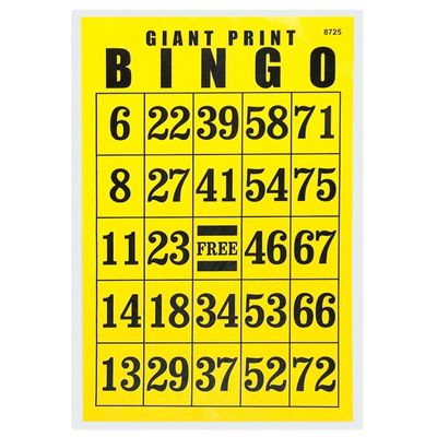 Giant Print Bingo Card - Black on Yellow Background - Reduced Price