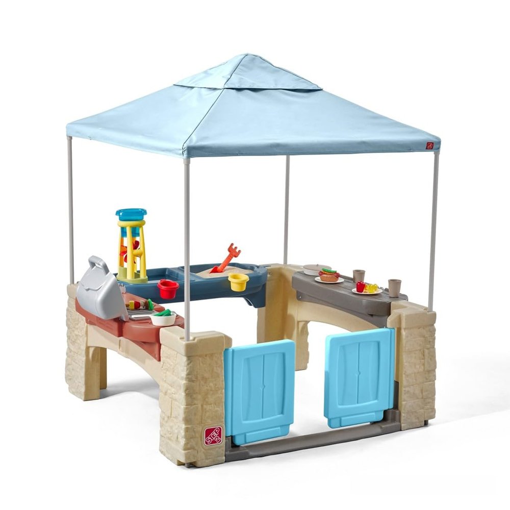 Step2 All Around Playtime Patio with Canopy Playset  Shaded Outdoor Playhouse for Kids with Realistic, Interactive Features, Room for Multiple Toddlers to Play  Dimensions: 60" H x 47.5" W x 47.5" D