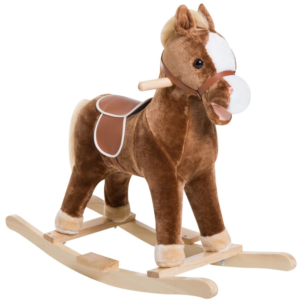 Qaba Kids Plush Toy Rocking Horse Ride on with Realistic Sounds - Brown