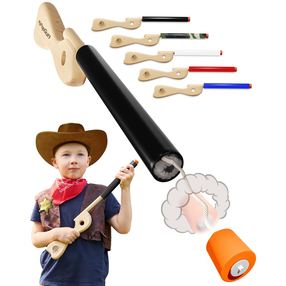 Black Toy Pop Gun for Kids-Wooden Toy Guns for Boys 3-12- Fake Handgun with Sturdy Wood Finish & Durable Silicone Stopper-Fun Hand Rifles & Pistol Toys for Small & Big Kid Play-Made in The USA