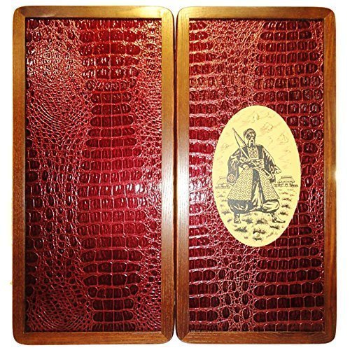 21" Backgammon Board Game Set Cossack, Wood & Crocodile Leather, Pieces & Dices