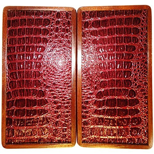12" Backgammon Board Game Set, Wood & Crocodile Leather, Pieces & Dices