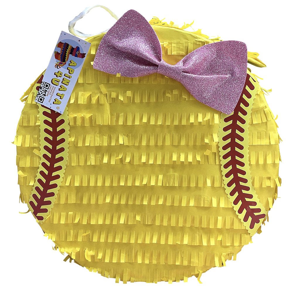 2-D Yellow Softball Piata with Glittery Pink Bow Accent 16"