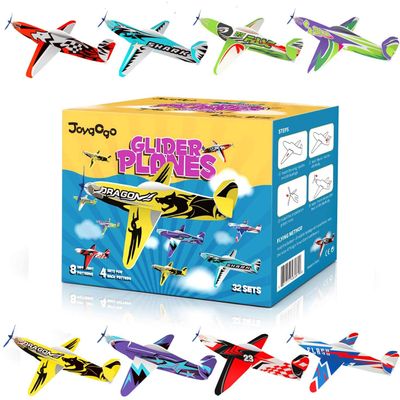 JOYGOGO 32 Pack Glider Planes,8" Long Flying Glider Plane,8 Different Designs,Easy Assembly,Durable Quality-Kids Party Favors for Valentines Airplanes,Birthday Party, Carnival Prizes