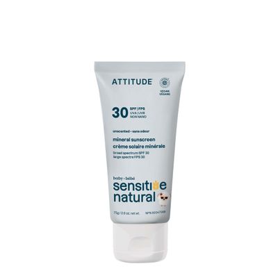 ATTITUDE Mineral Sunscreen for Baby and Kids with Sensitive Skin, EWG Verified, Broad Spectrum UVA/UVB, Dermatologically Tested, Plant and Mineral-Based Formula, Vegan, SPF 30, Unscented, 2.6 Oz