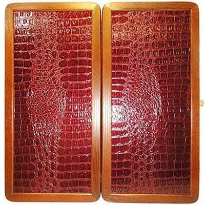 20" Backgammon Board Game Set, Wood & Crocodile Leather, Pieces & Dices
