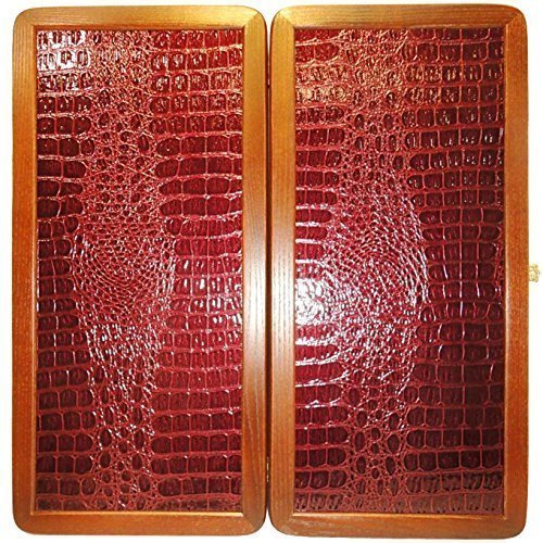 20" Backgammon Board Game Set, Wood & Crocodile Leather, Pieces & Dices
